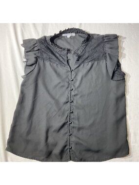 Story On Womens Black Sleeveless Top With Lace Yoke Ruffle Trim And Button Front